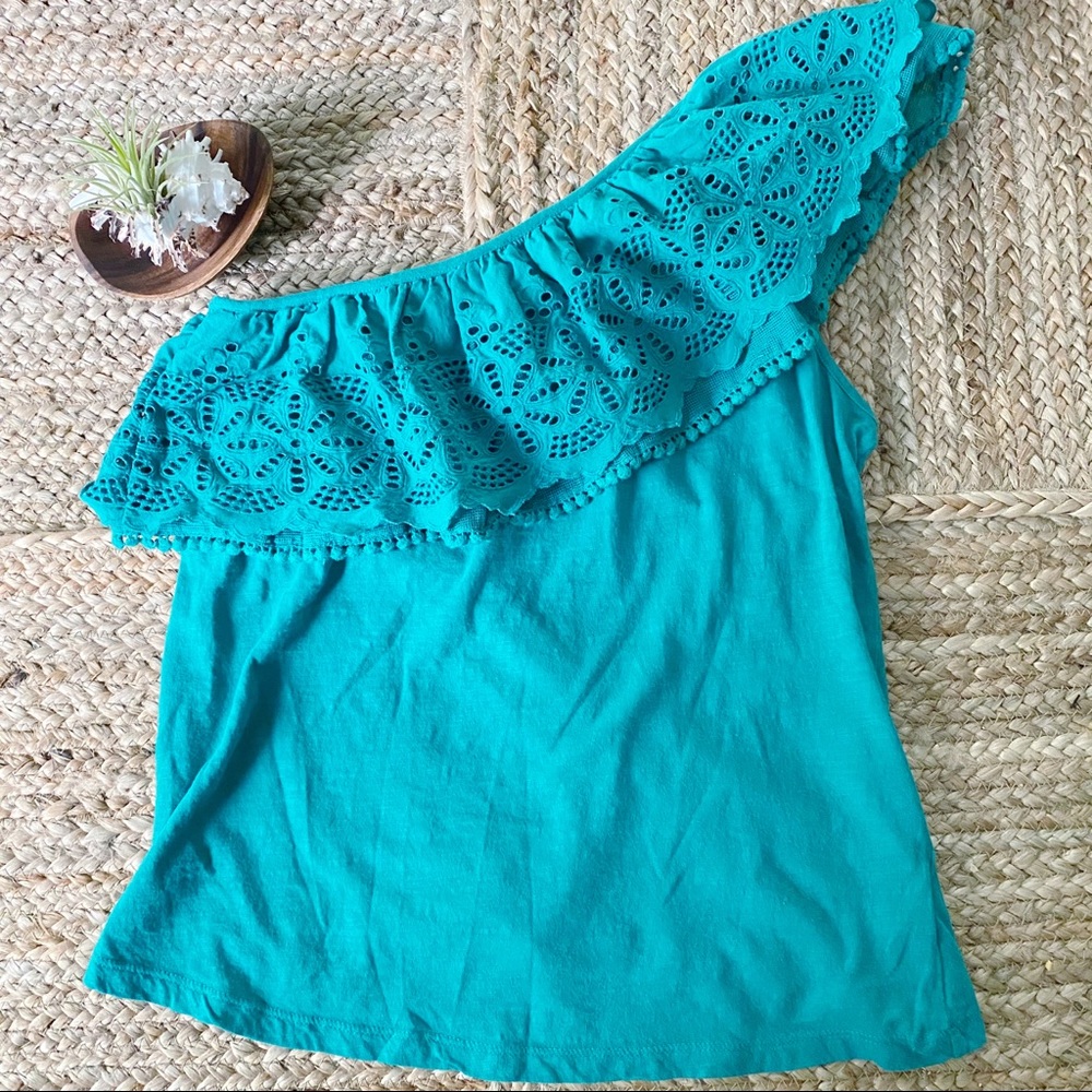 Anthropologie Blue Eyelet One Shoulder Top